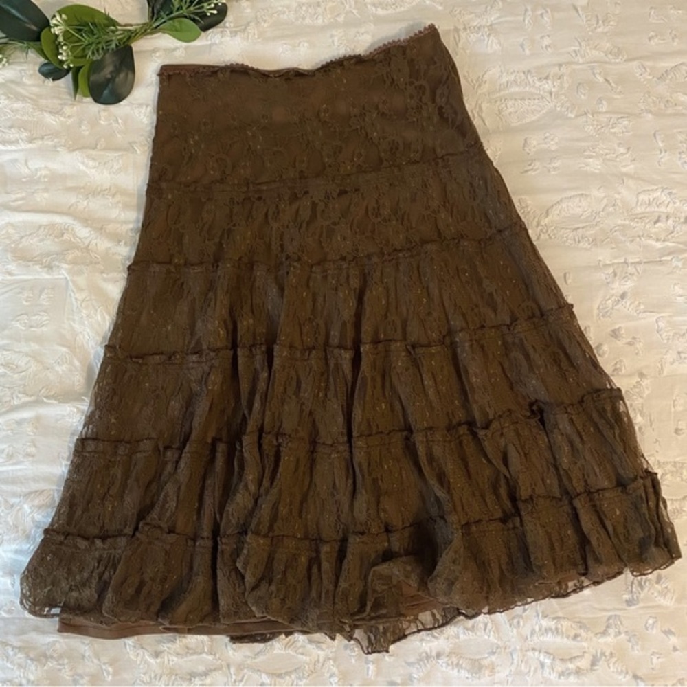 Brown Tiered Maxi Lace Skirt Ruffled Studio Y Size‎ Small